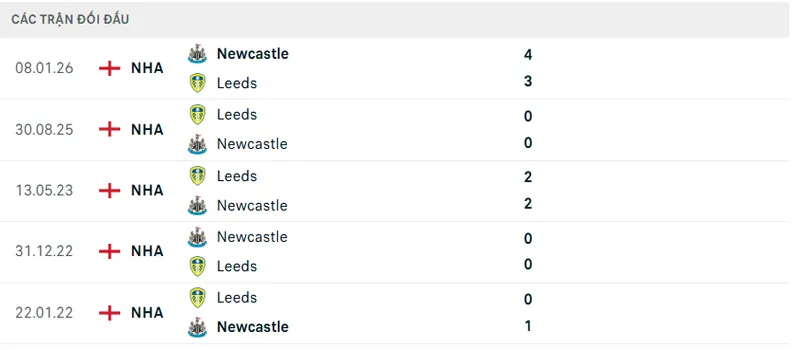 Lich Su Doi Dau Leeds Vs Newcastle